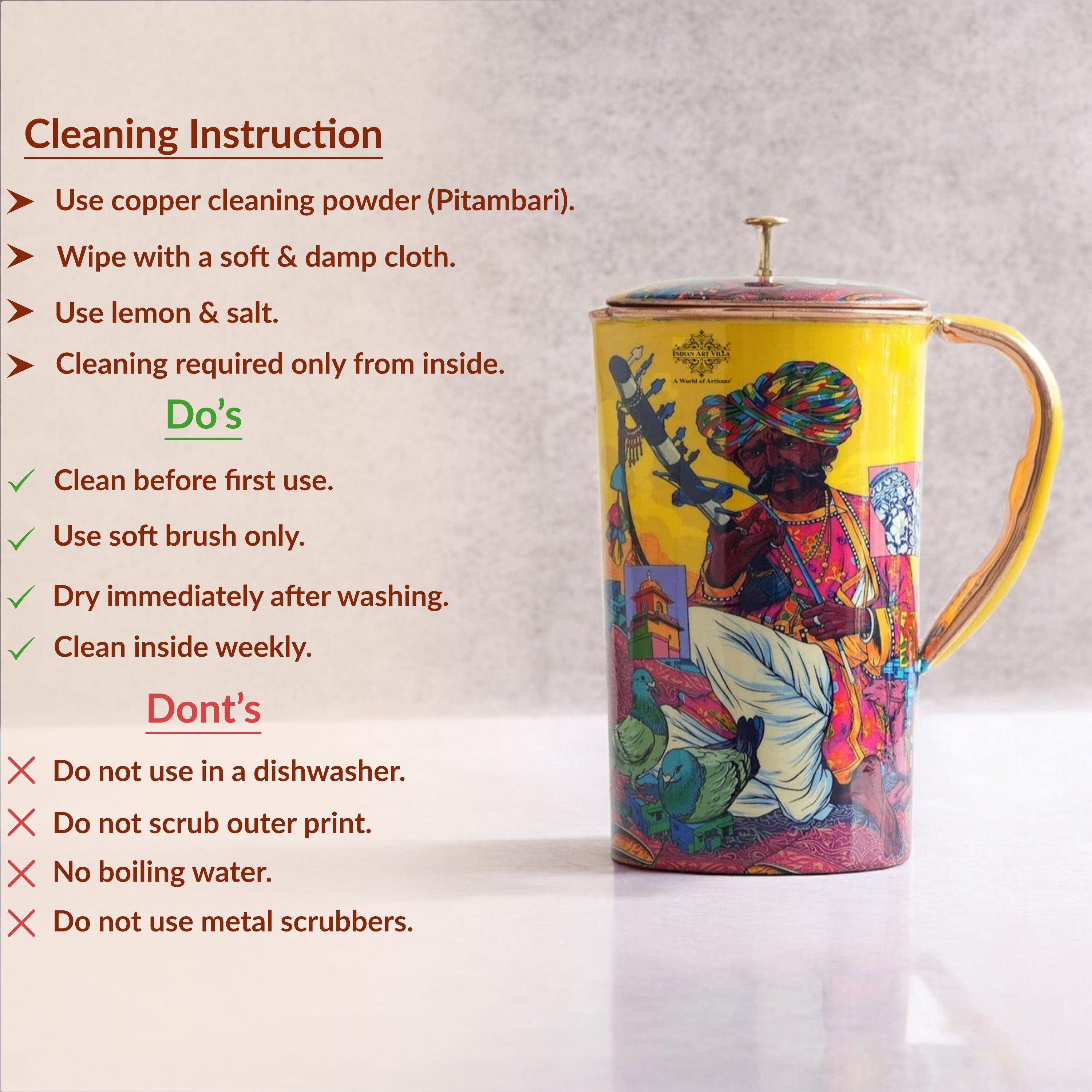 Pure copper printed jug padharo mhare desh design rajsthanimusician, 1500 ML